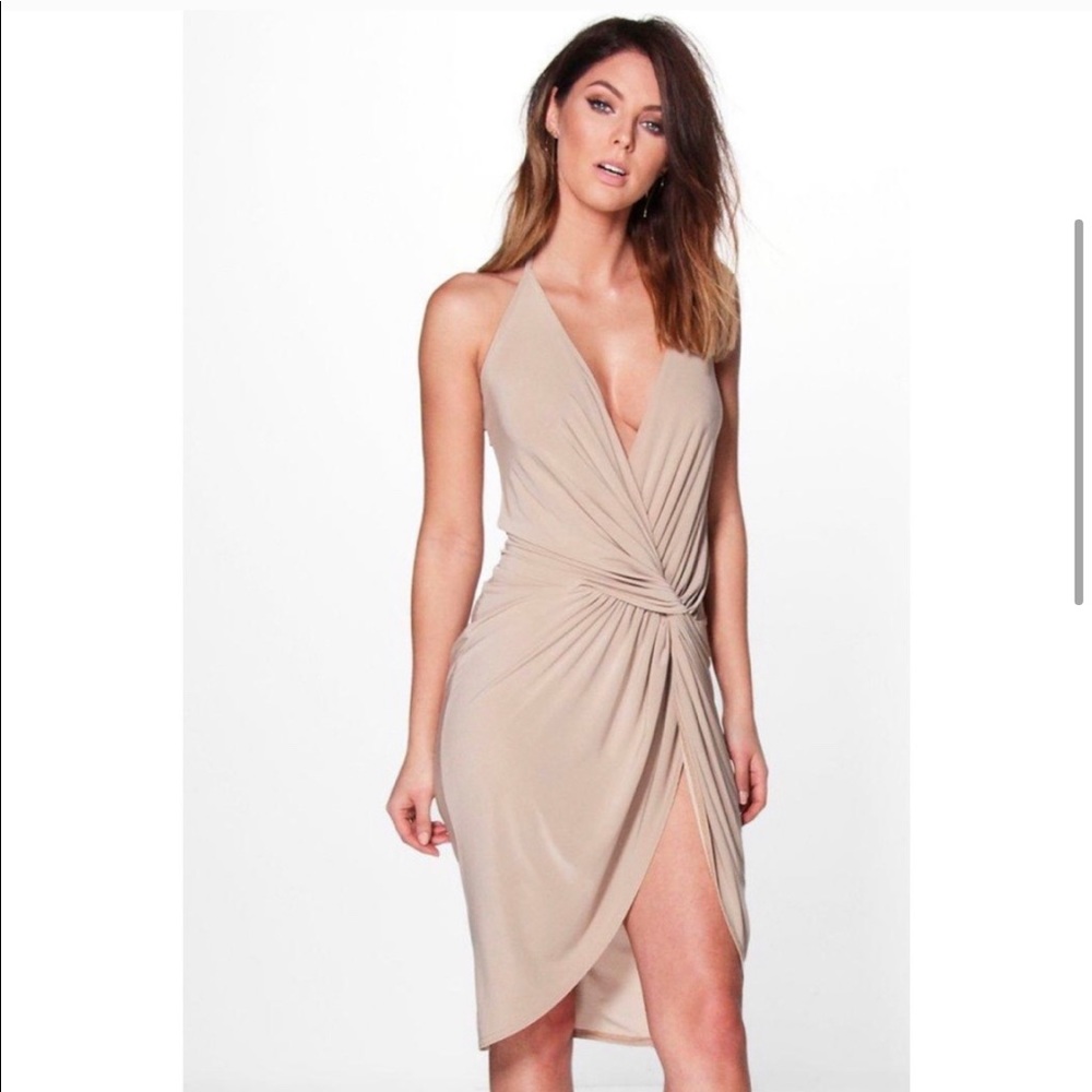 Boohoo Strappy Knotted & Drape Midi Dress Nude